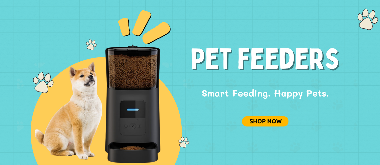 Pet feeder with a dog on a blue background, promoting smart pet feeding solutions.