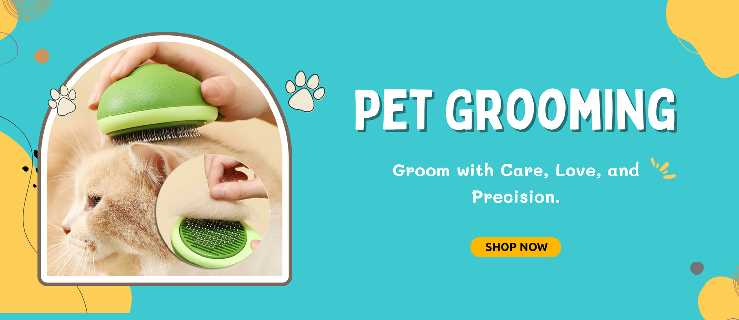 Pet grooming tool with a cat, text 'Pet Grooming' and 'Shop Now' button on a blue background.